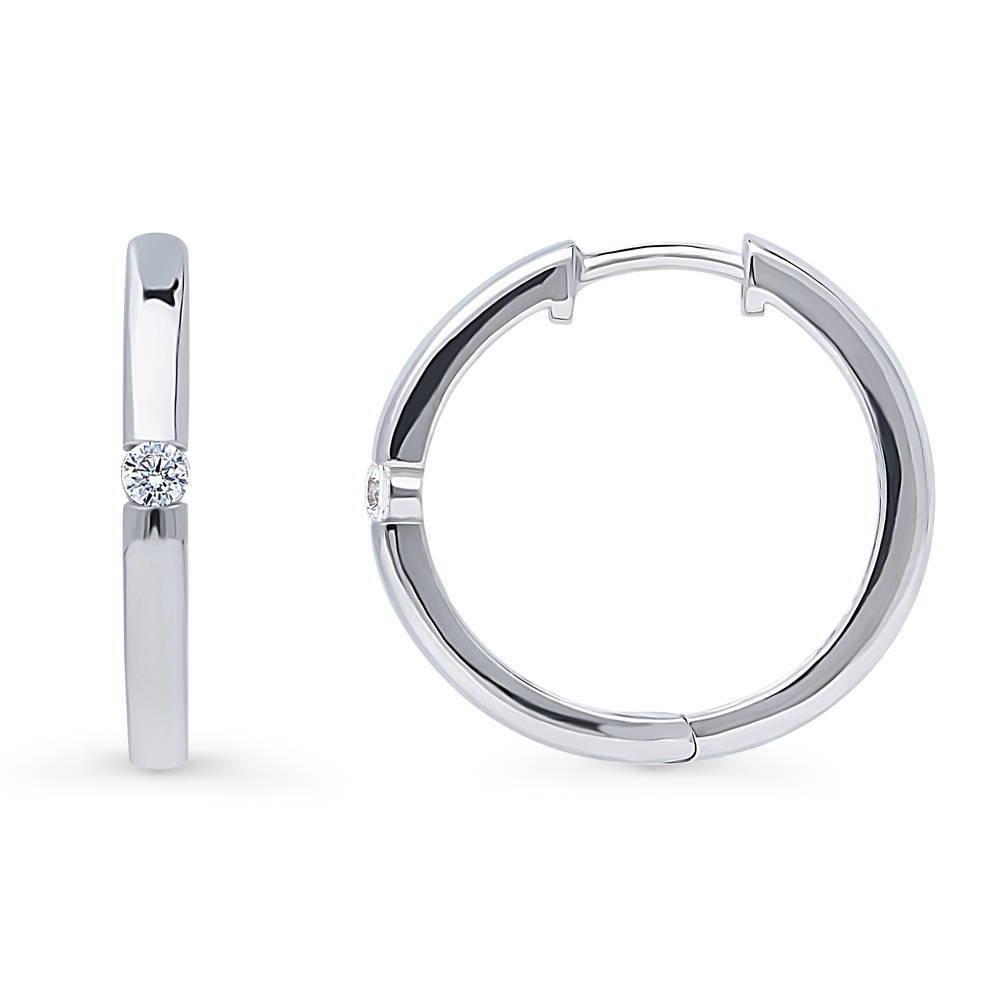 Front view of Solitaire Round CZ Hoop Earrings in Sterling Silver 0.12ct, 4 of 12