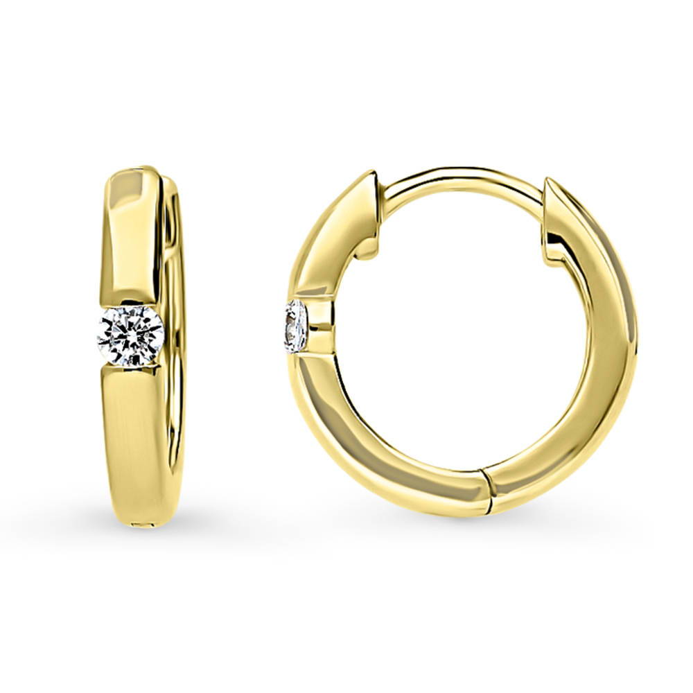 Front view of Solitaire Round CZ Hoop Earrings in Gold Flashed Sterling Silver 0.12ct, 3 of 11