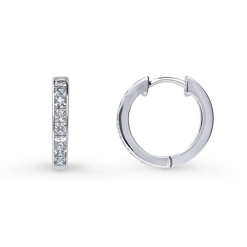 Front view of Bar Solitaire CZ 2 Pairs Hoop and Stud Earrings Set in Sterling Silver