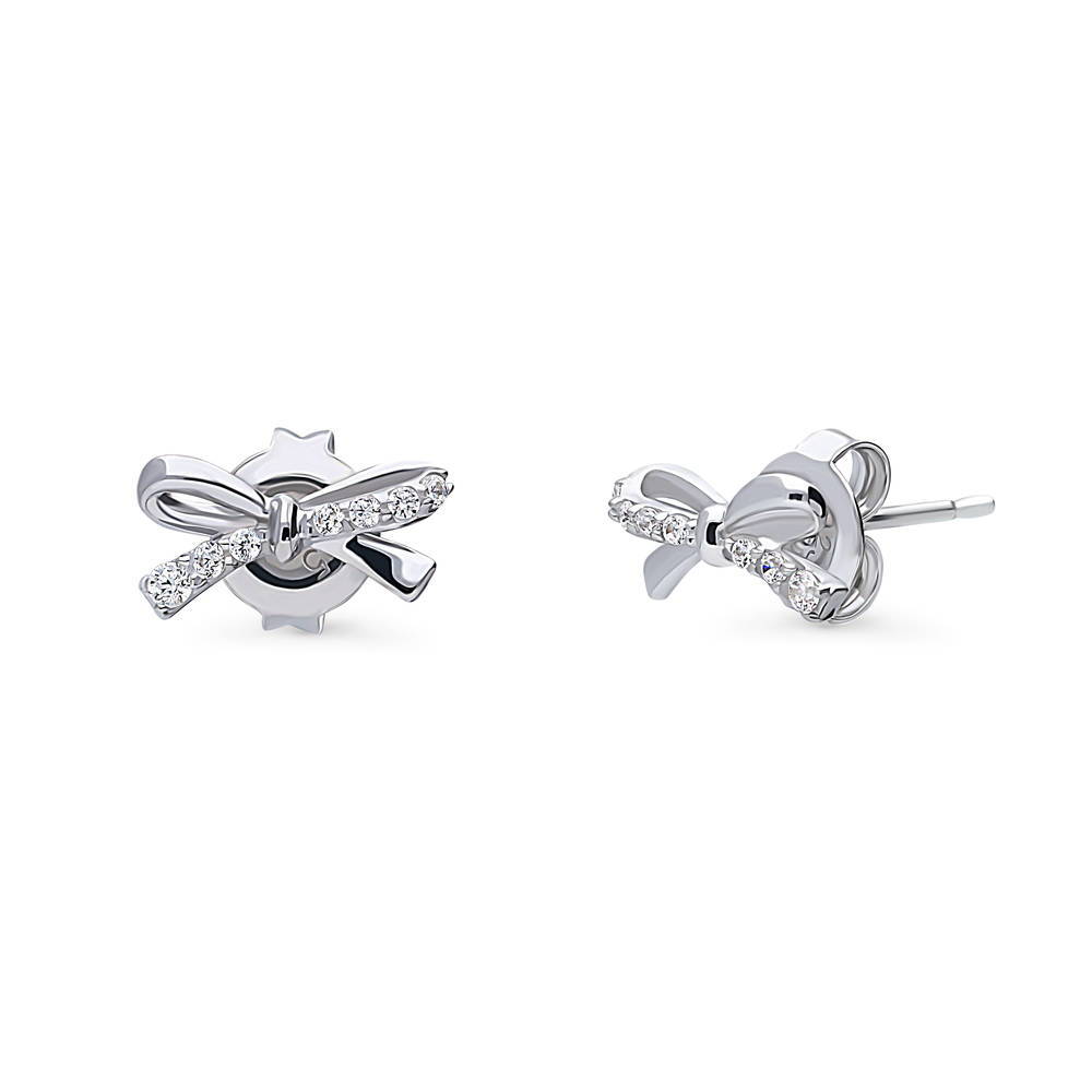 Bow Tie Ribbon CZ Stud Earrings in Sterling Silver