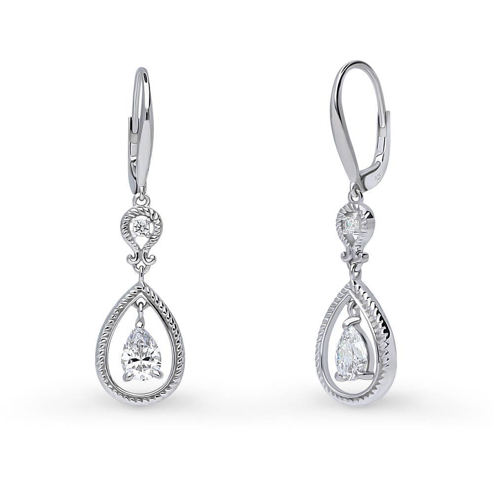 Cable Teardrop CZ Leverback Dangle Earrings in Sterling Silver