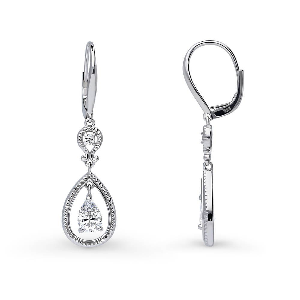 Cable Teardrop CZ Leverback Dangle Earrings in Sterling Silver