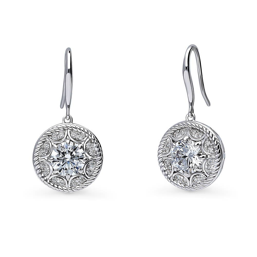 Cable Halo CZ Fish Hook Dangle Earrings in Sterling Silver