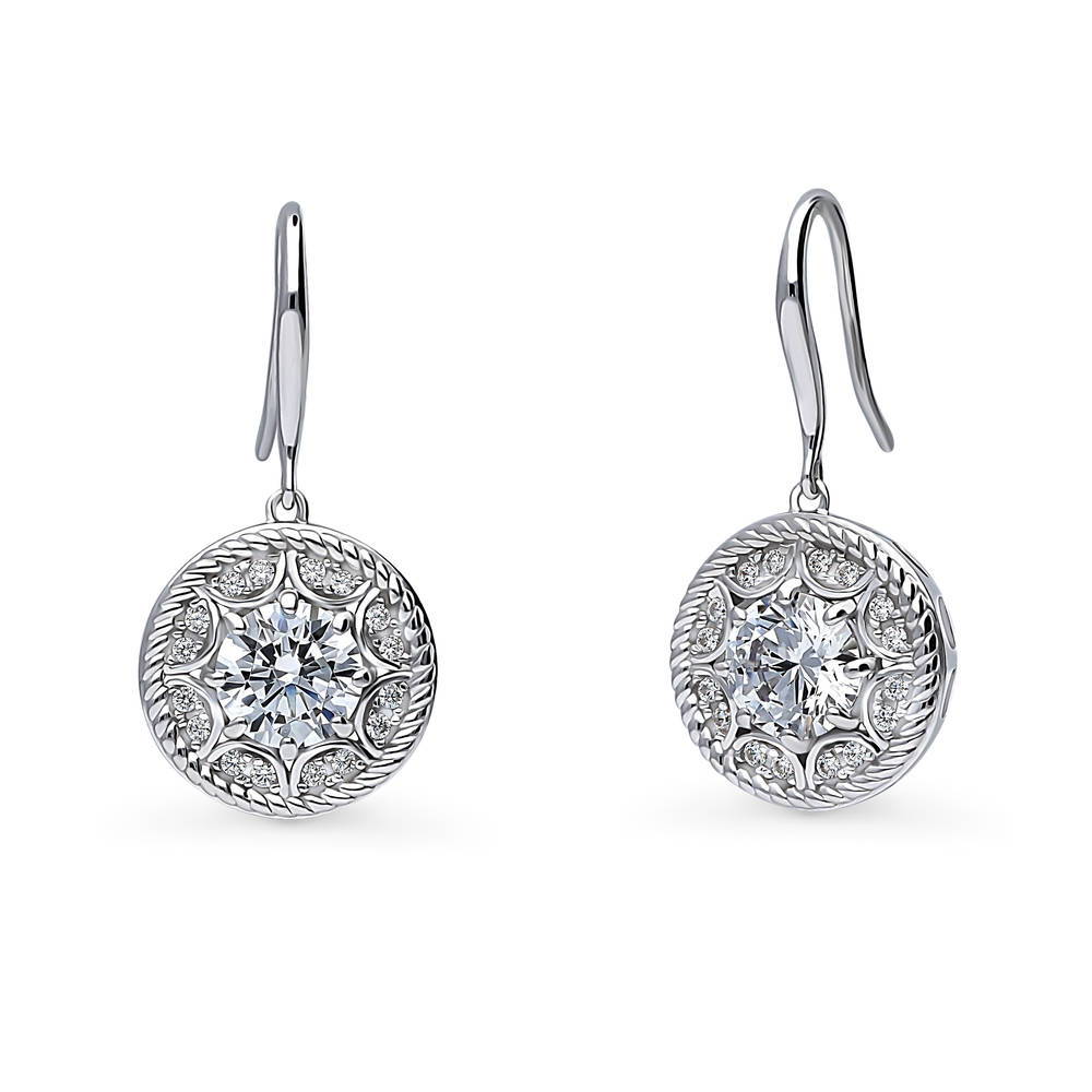 Cable Halo CZ Fish Hook Dangle Earrings in Sterling Silver