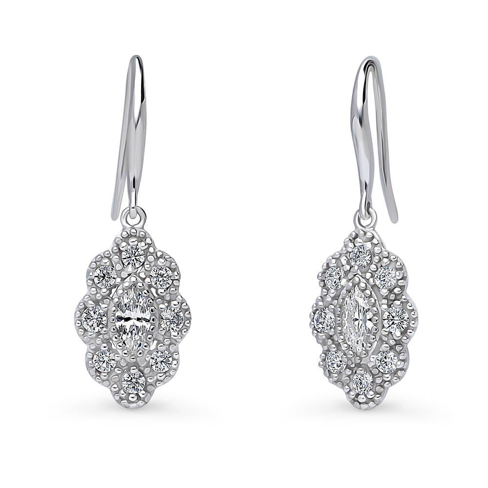 Halo Navette Marquise CZ Fish Hook Dangle Earrings in Sterling Silver