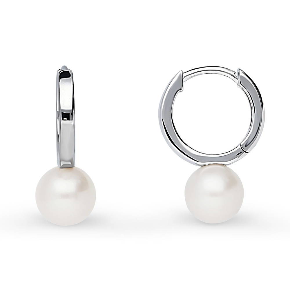 Front view of Solitaire Round Cultured Pearl Huggie Earrings in Sterling Silver 0.8 inch