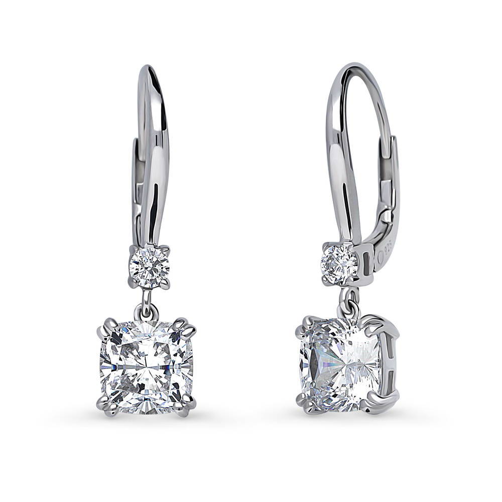 Solitaire 4ct Cushion CZ Leverback Dangle Earrings in Sterling Silver, 1 of 5