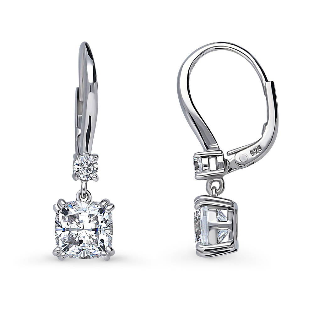 Front view of Solitaire 4ct Cushion CZ Leverback Dangle Earrings in Sterling Silver, 4 of 5