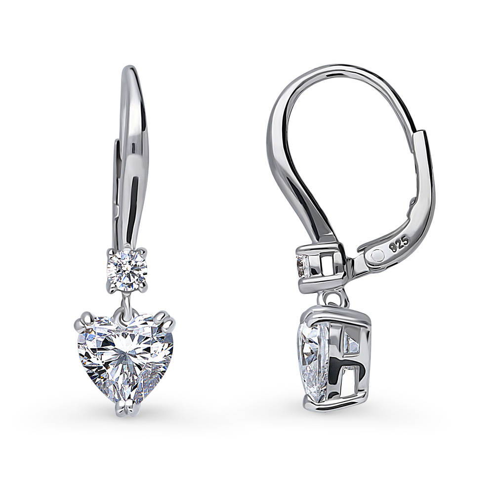 Front view of Solitaire 2.2ct Heart CZ Leverback Dangle Earrings in Sterling Silver