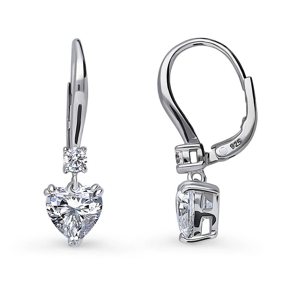 Solitaire 2.2ct Heart CZ Leverback Dangle Earrings in Sterling Silver