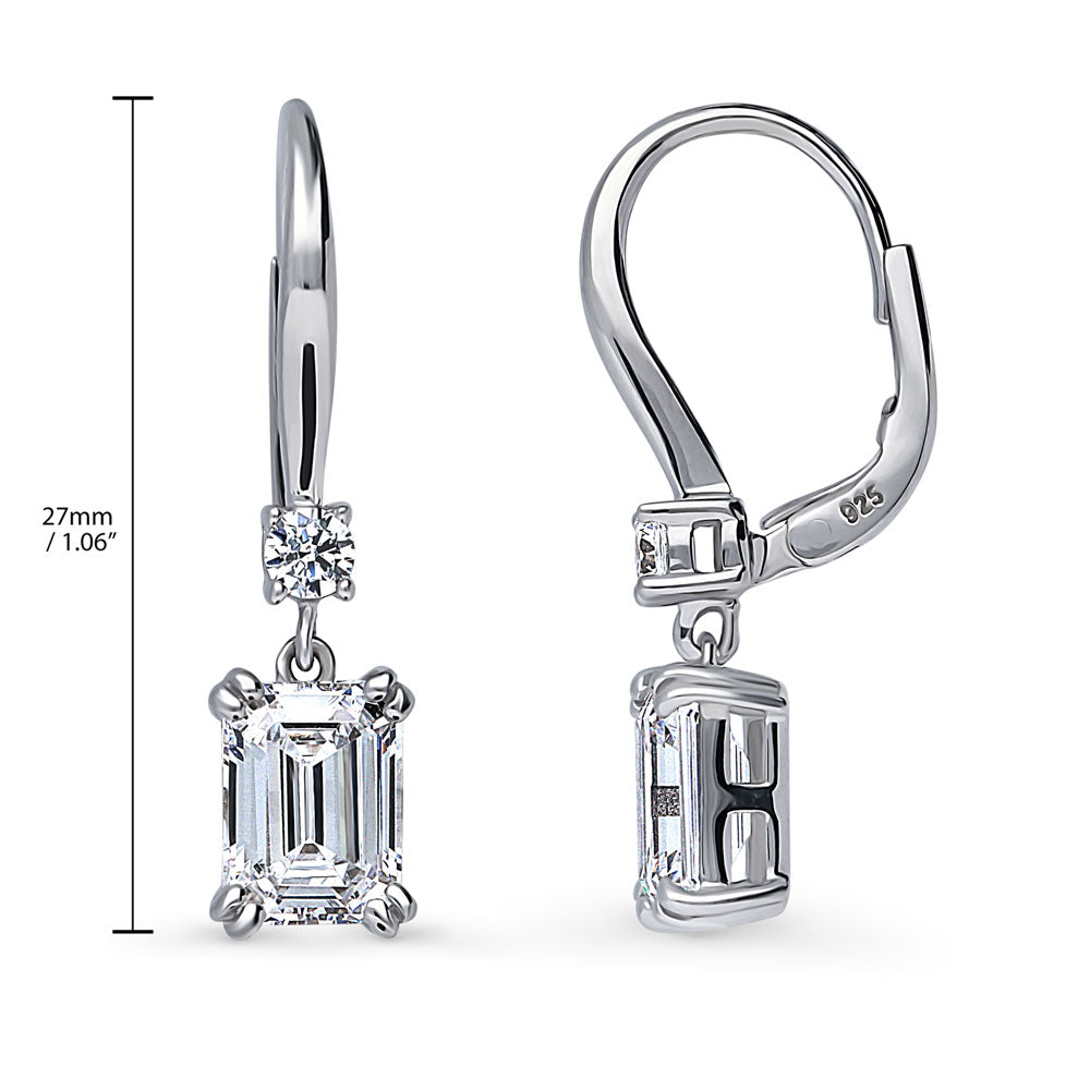 Angle view of Solitaire 3.4ct Emerald Cut CZ Leverback Earrings in Sterling Silver