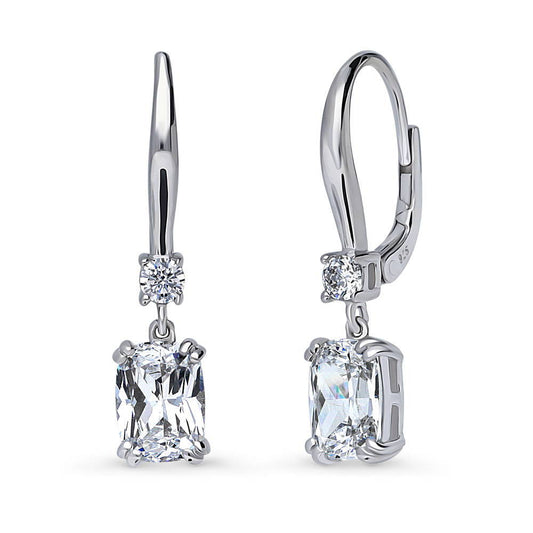 Solitaire 3.2ct Cushion CZ Leverback Dangle Earrings in Sterling Silver