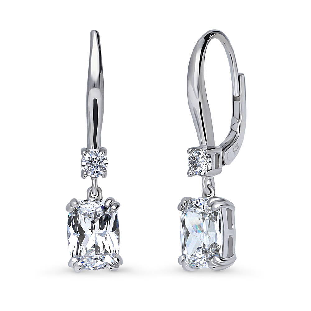 Solitaire 3.2ct Cushion CZ Leverback Dangle Earrings in Sterling Silver, 1 of 5