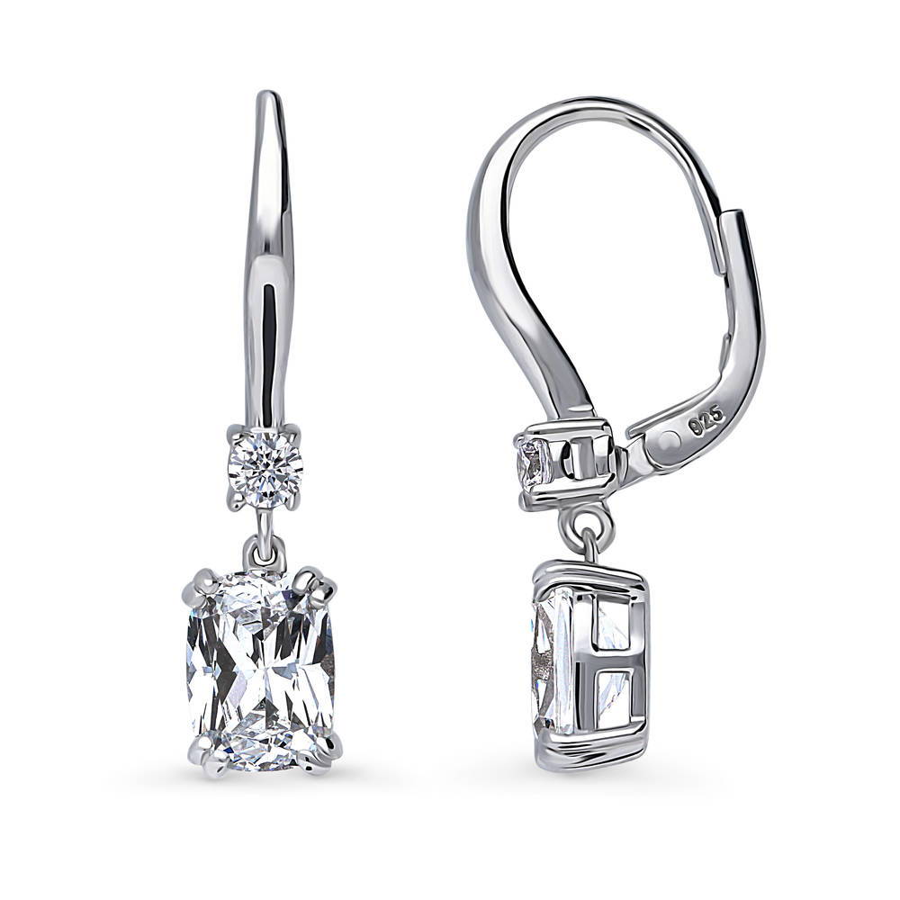 Front view of Solitaire 3.2ct Cushion CZ Leverback Dangle Earrings in Sterling Silver