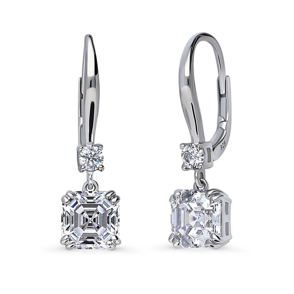 Solitaire 4ct Asscher CZ Leverback Dangle Earrings in Sterling Silver, 1 of 5