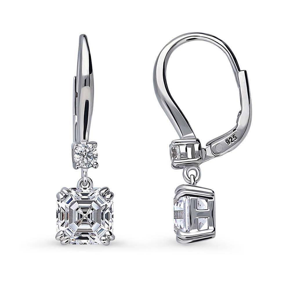 Front view of Solitaire 4ct Asscher CZ Leverback Dangle Earrings in Sterling Silver, 4 of 5
