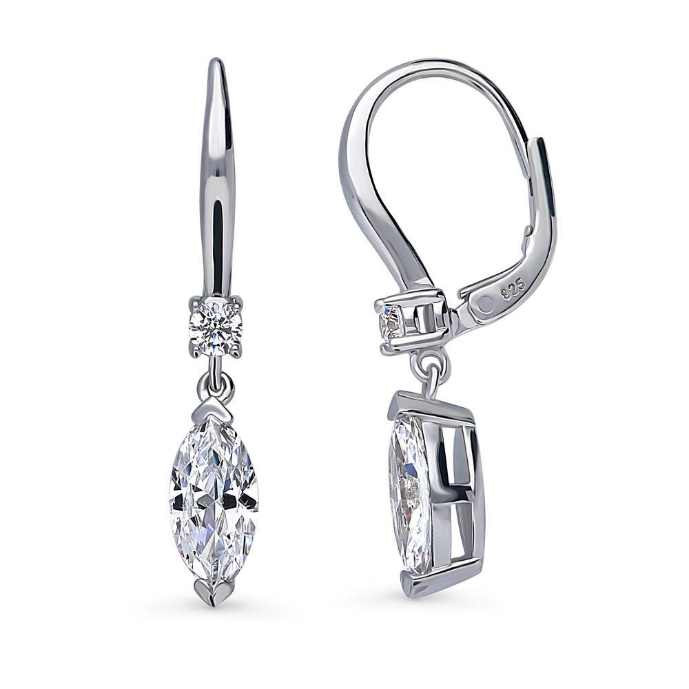 Front view of Solitaire 2ct Marquise CZ Leverback Dangle Earrings in Sterling Silver