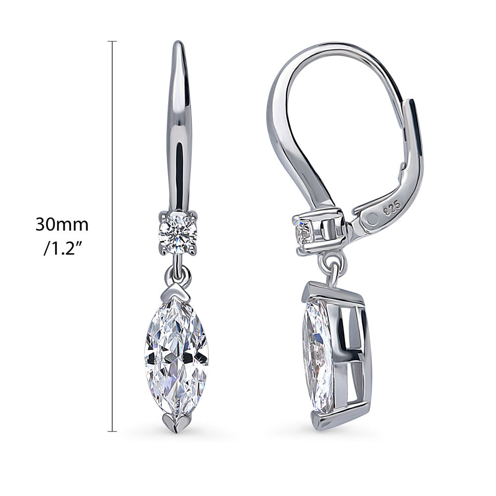 Angle view of Solitaire 2ct Marquise CZ Leverback Dangle Earrings in Sterling Silver