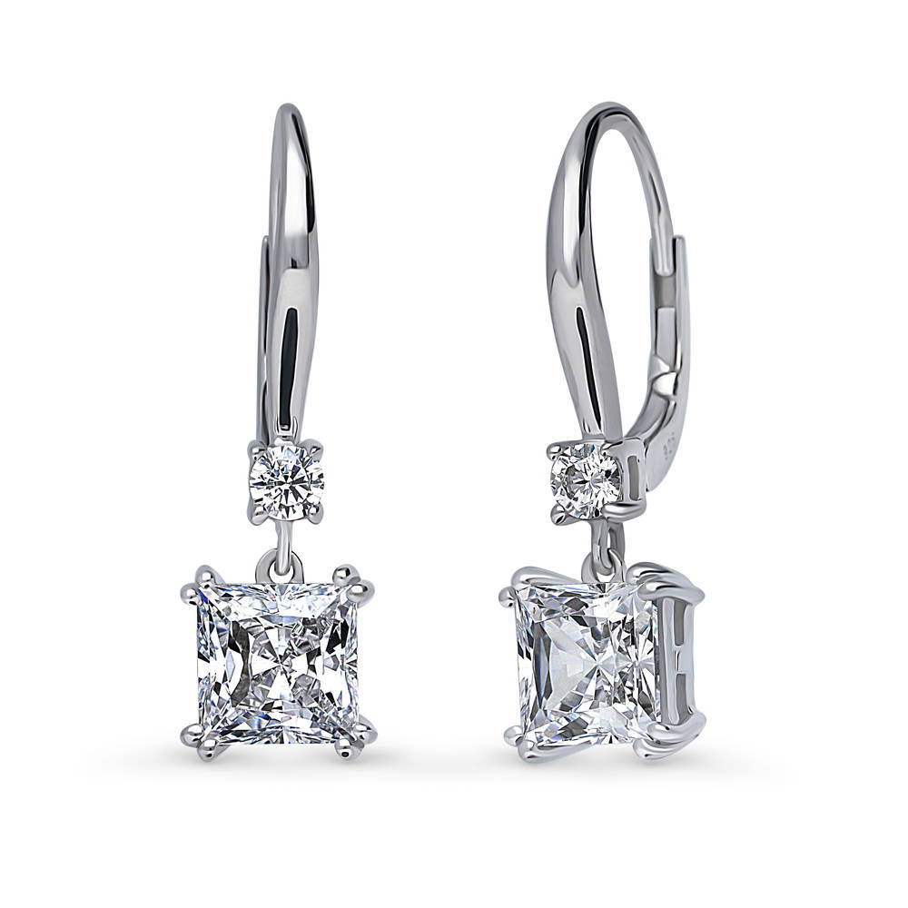 Solitaire 3.2ct Princess CZ Leverback Earrings in Sterling Silver