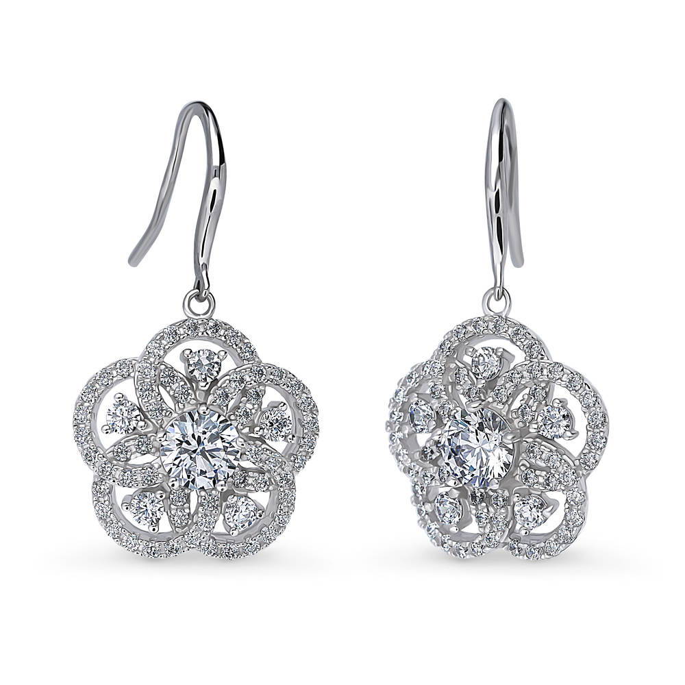 Flower CZ Statement Fish Hook Dangle Earrings in Sterling Silver