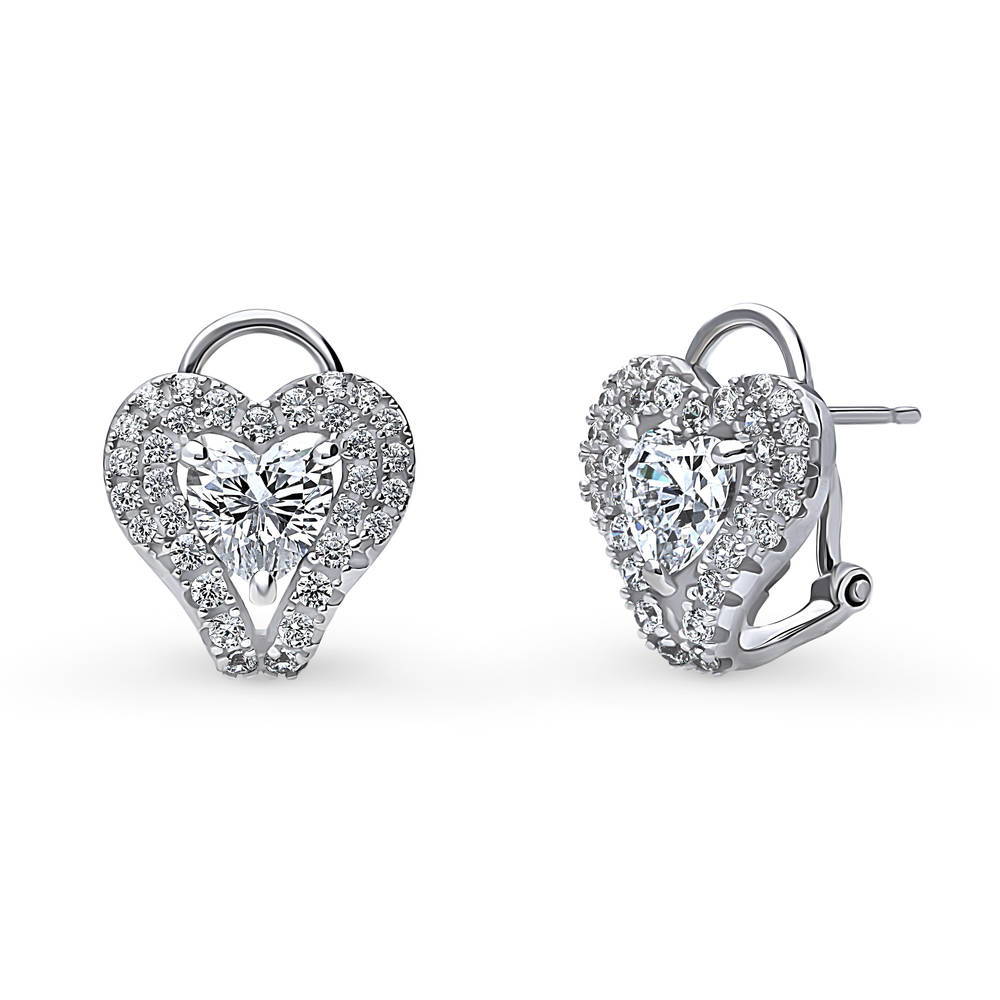 Heart Halo CZ Omega Back Stud Earrings in Sterling Silver