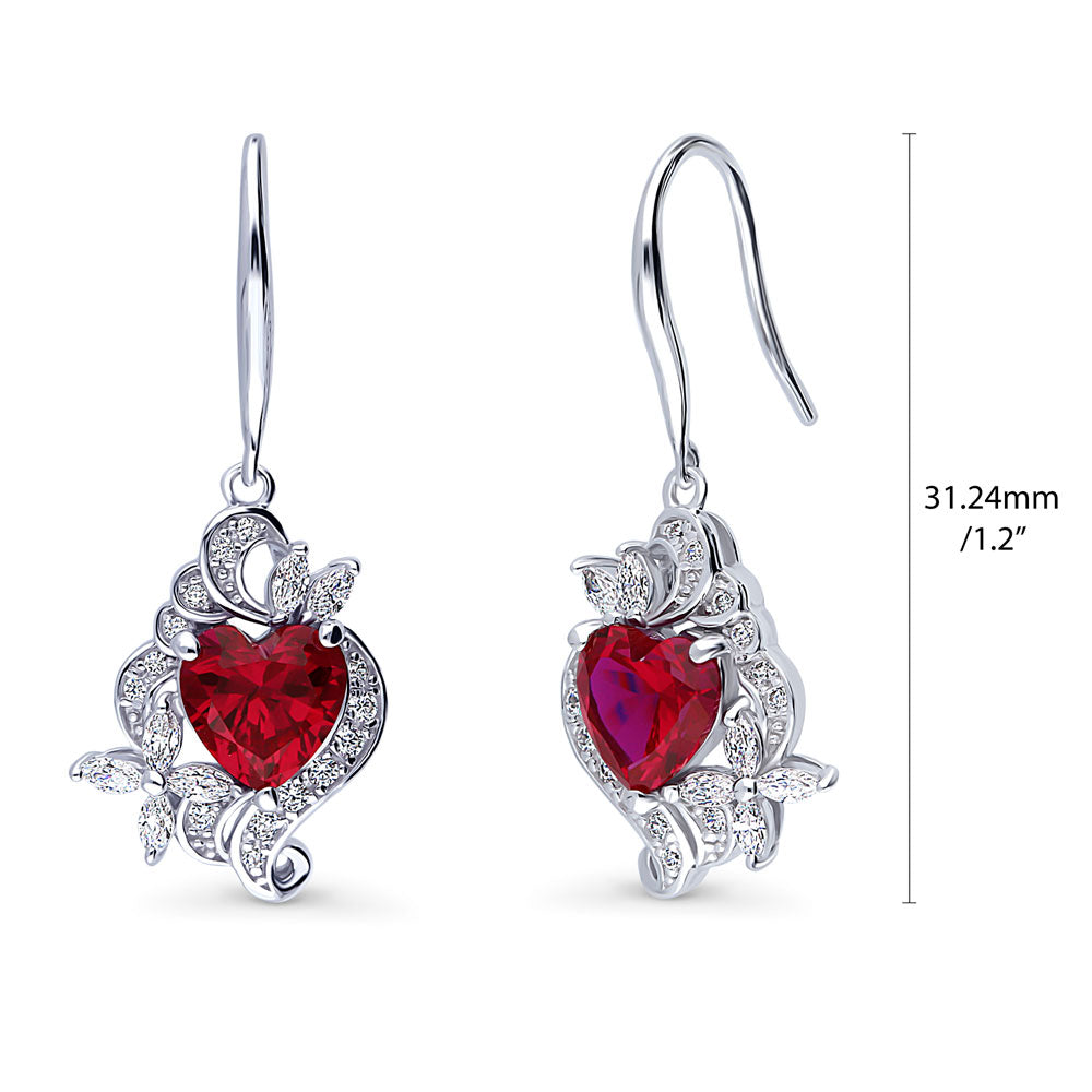 Front view of Flower Heart Simulated Ruby CZ Set in Sterling Silver