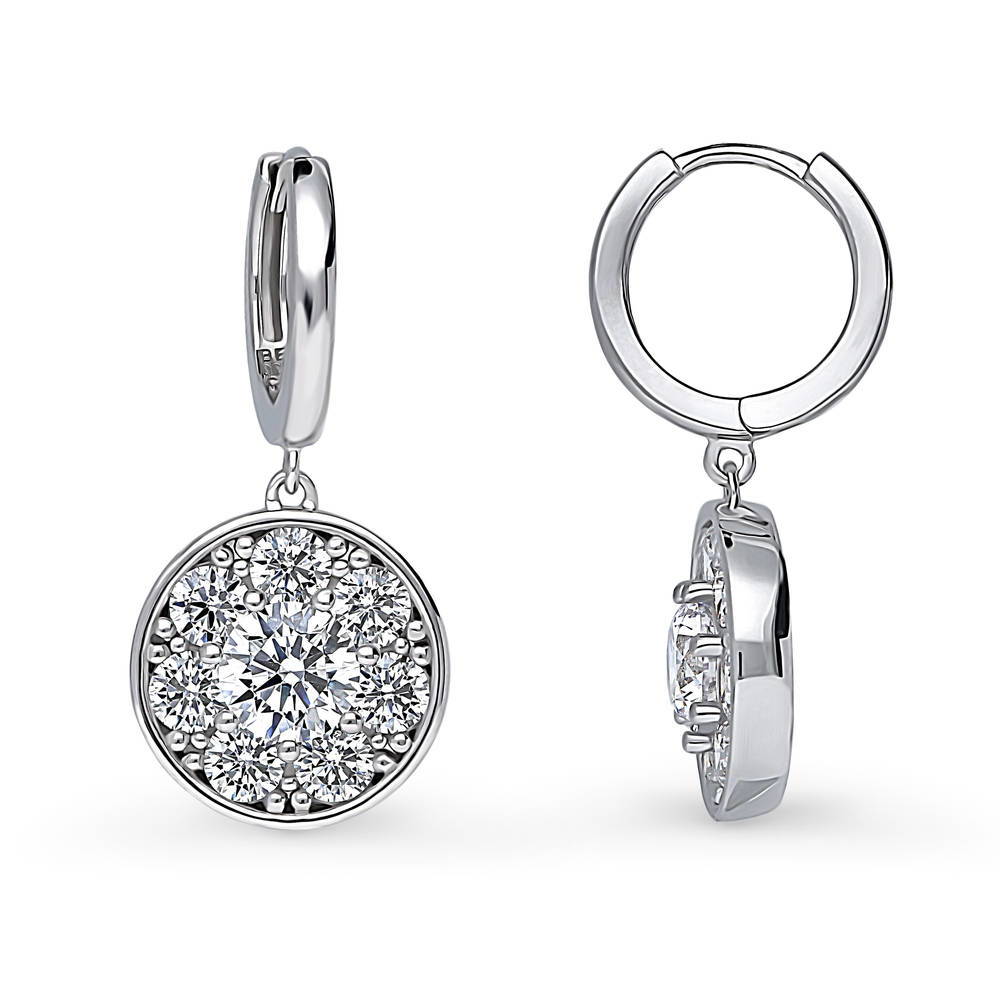 Flower Halo CZ Dangle Earrings in Sterling Silver