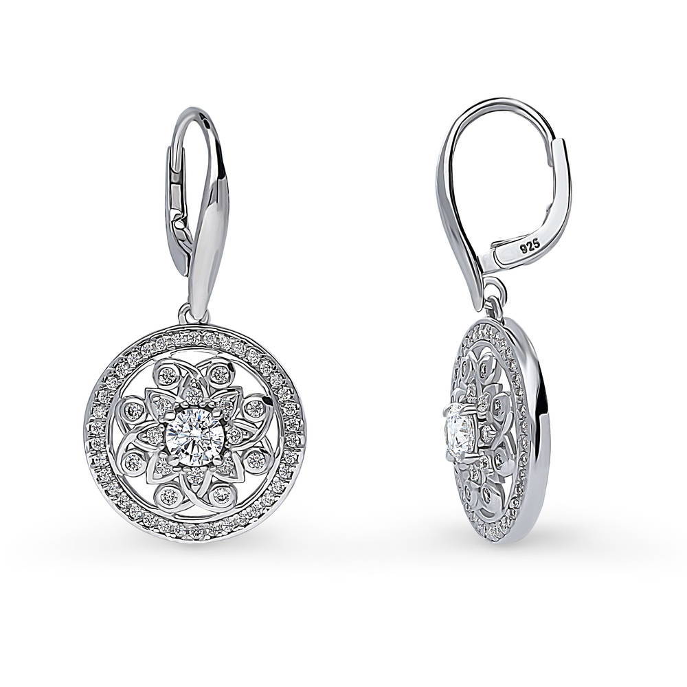 Flower Medallion CZ Leverback Dangle Earrings in Sterling Silver