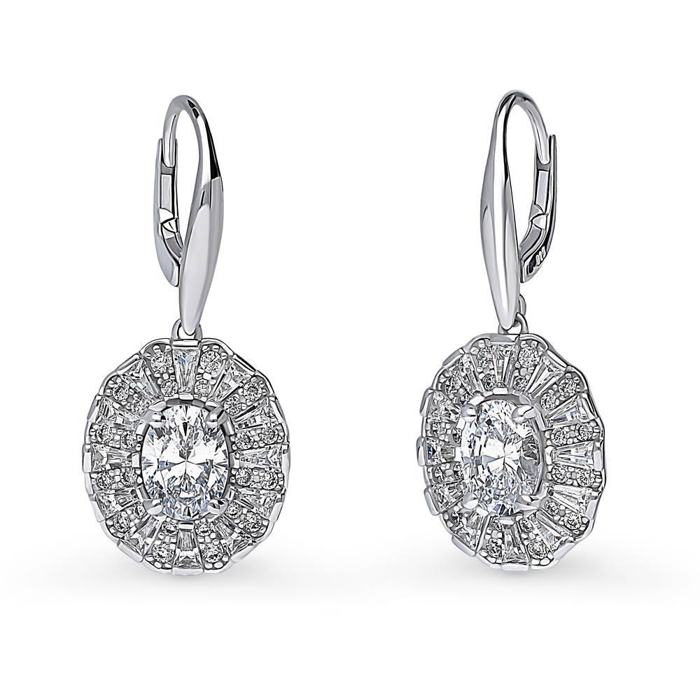 Halo Art Deco Oval CZ Leverback Dangle Earrings in Sterling Silver