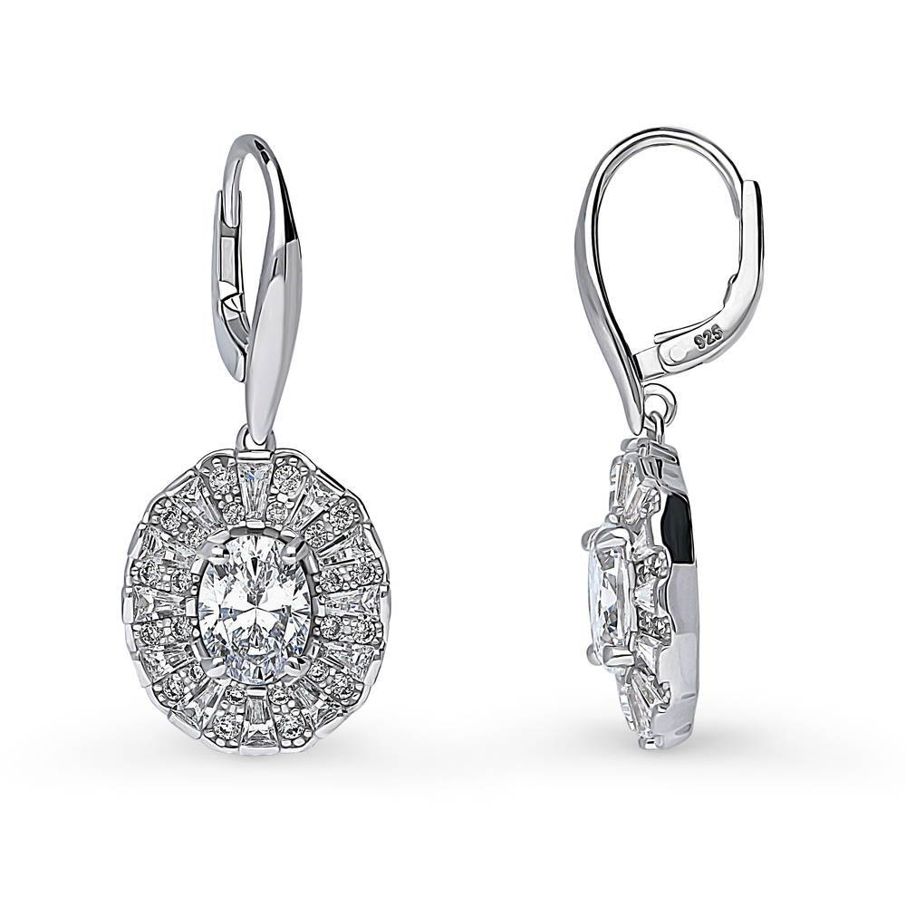 Front view of Halo Art Deco Oval CZ Leverback Dangle Earrings in Sterling Silver, 4 of 5