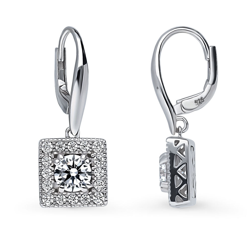 Front view of Halo Round CZ Leverback Dangle Earrings in Sterling Silver, 4 of 6