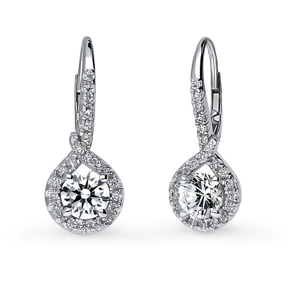 Halo Woven Round CZ Leverback Dangle Earrings in Sterling Silver