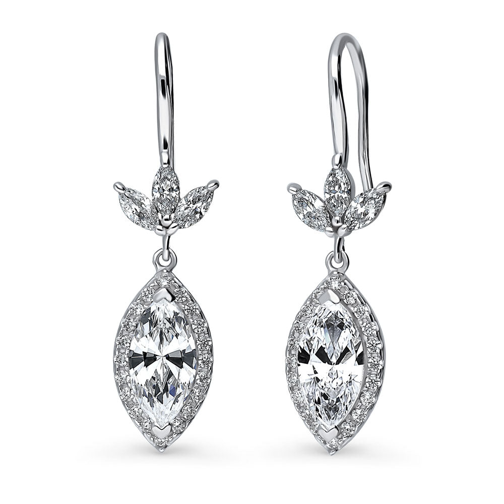 Halo Flower Marquise CZ Fish Hook Dangle Earrings in Sterling Silver