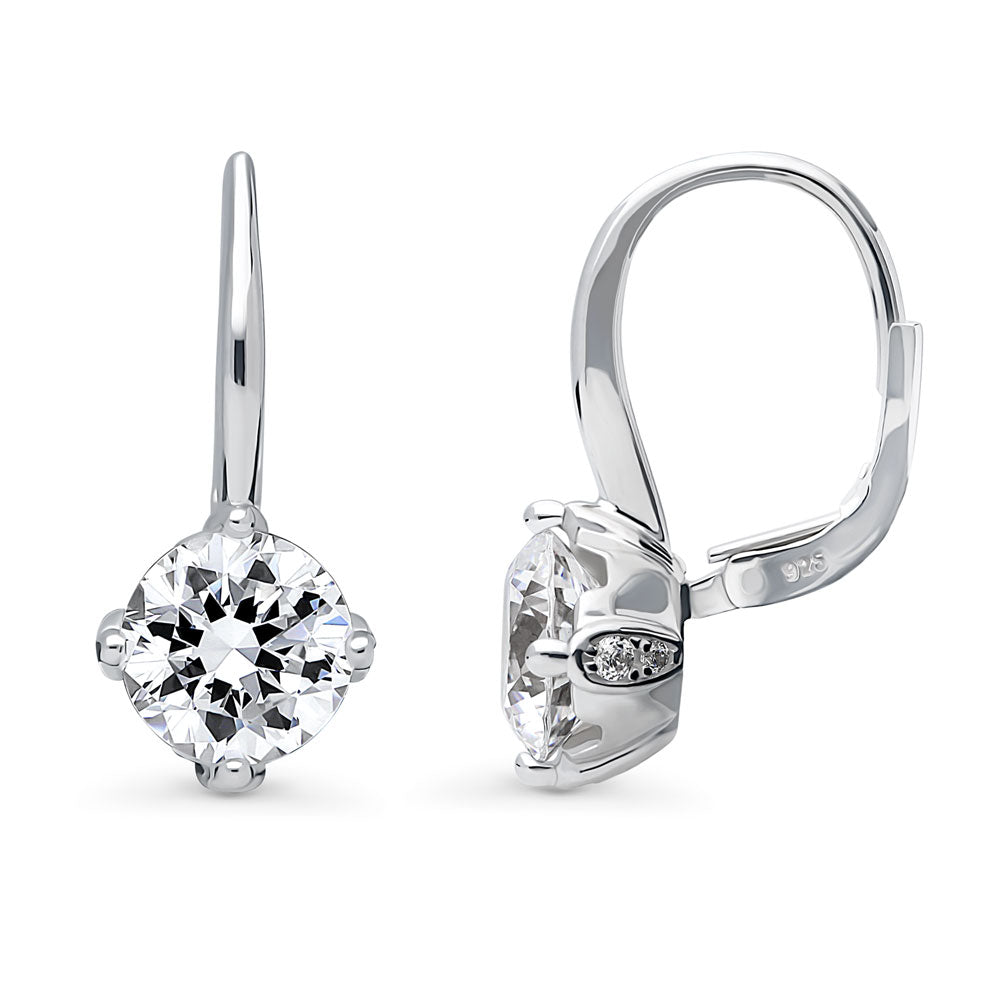 Front view of Solitaire 4ct Round CZ Leverback Dangle Earrings in Sterling Silver