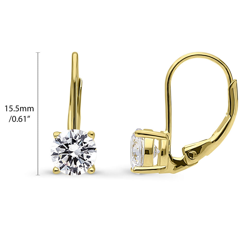 Front view of Solitaire Round CZ Leverback Earrings in Gold Flashed Sterling Silver