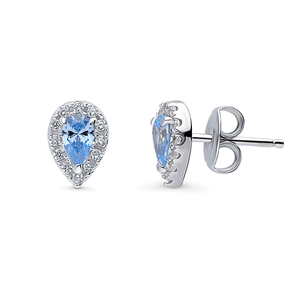 Halo Pear CZ Stud Earrings in Sterling Silver