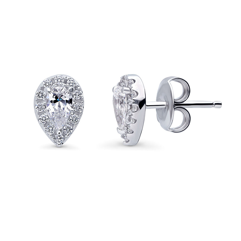 Halo Pear CZ Stud Earrings in Sterling Silver