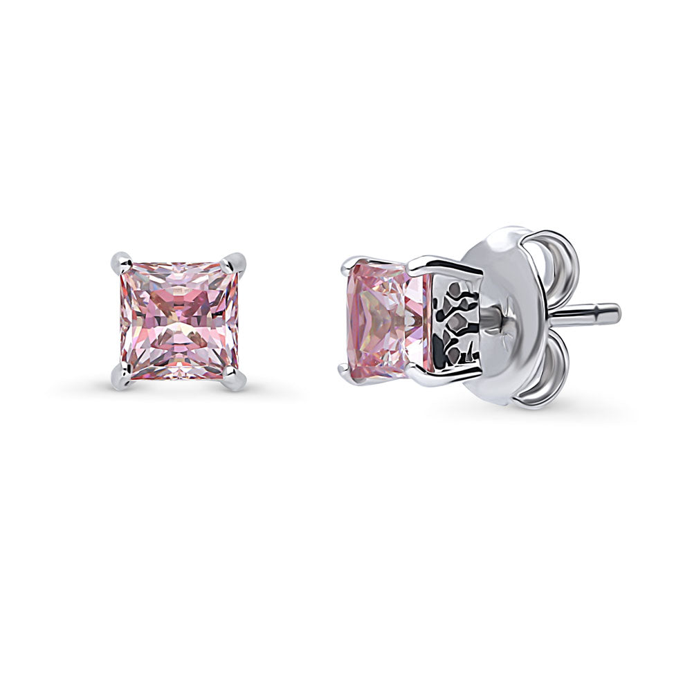 Solitaire Morganite Color Princess CZ Stud Earrings in Sterling Silver