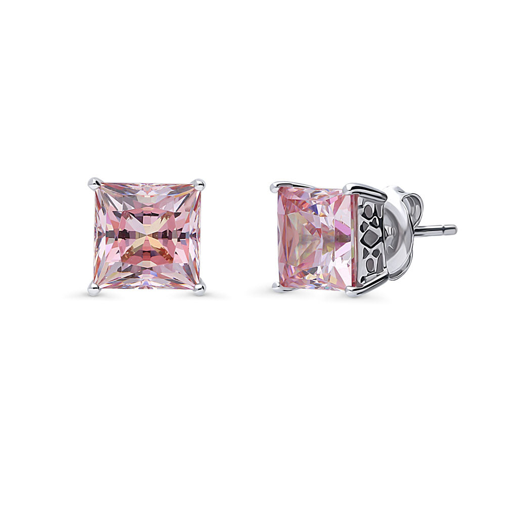 Solitaire Morganite Color Princess CZ Stud Earrings in Sterling Silver
