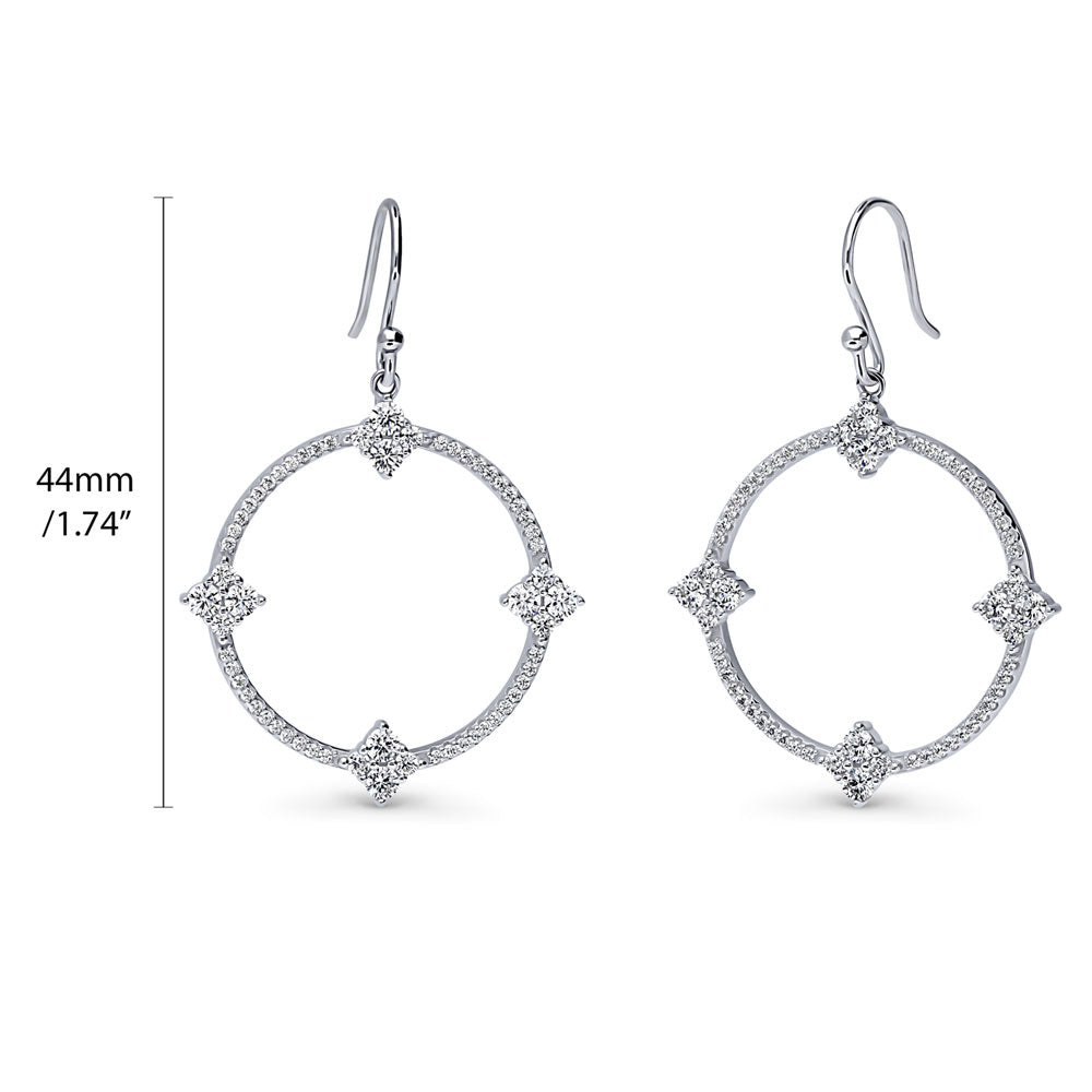 Front view of Open Circle Flower CZ Fish Hook Dangle Earrings in Sterling Silver