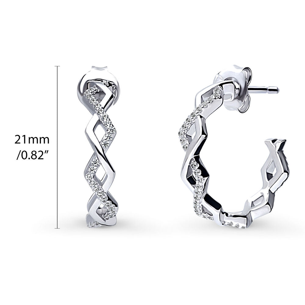 Woven CZ Medium Half Hoop Earrings in Sterling Silver 0.8"