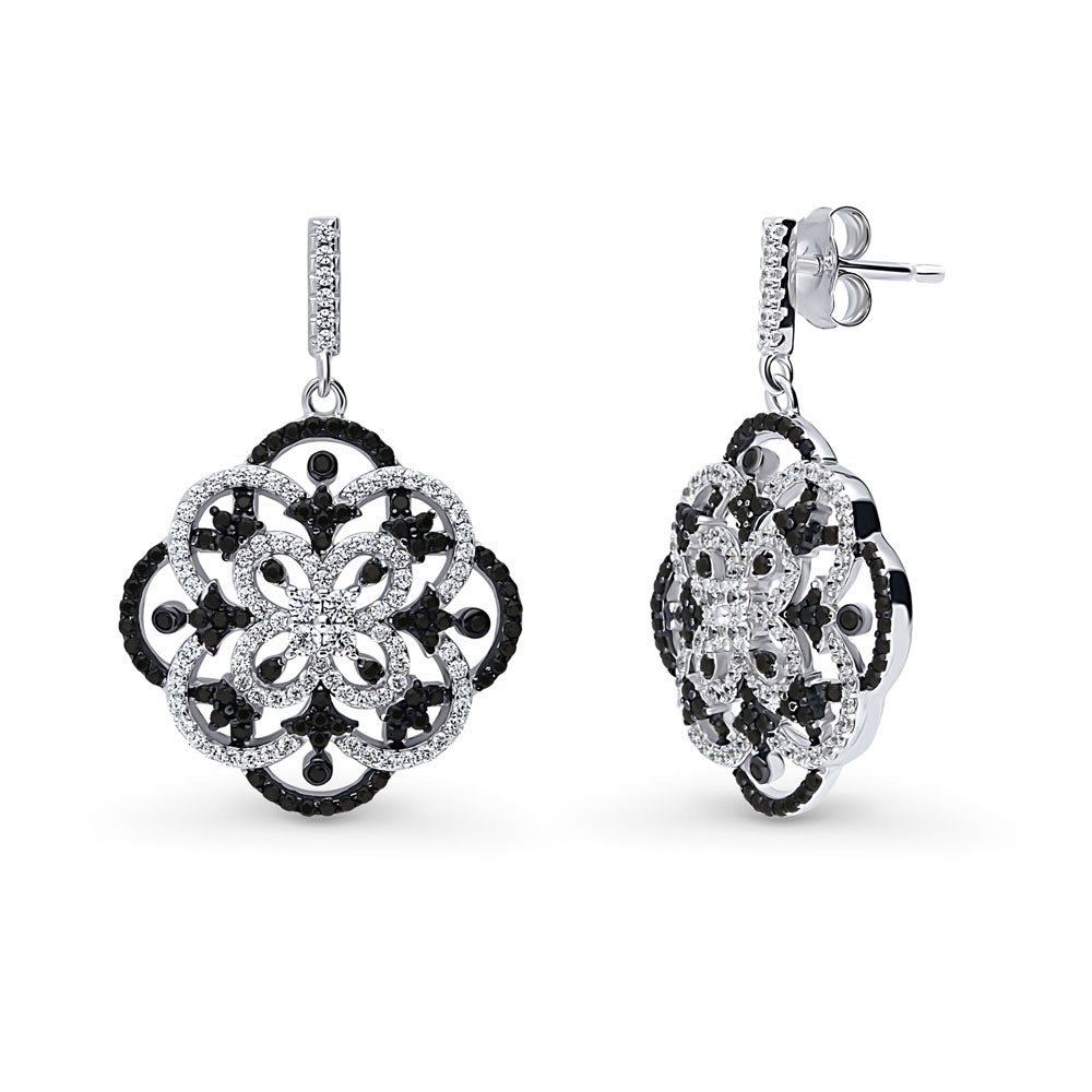 Flower Black and White CZ Statement Dangle Earrings in Sterling Silver, 1 of 7