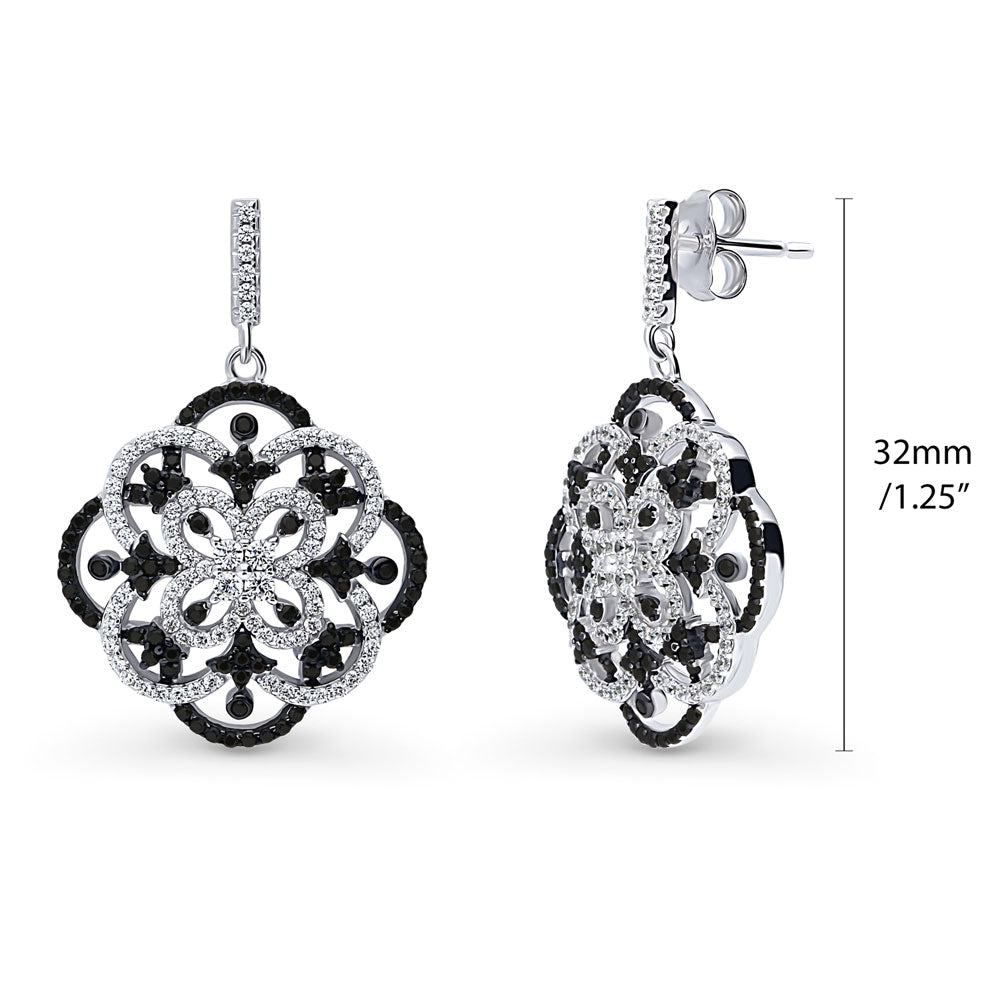 Front view of Flower Black and White CZ Statement Dangle Earrings in Sterling Silver