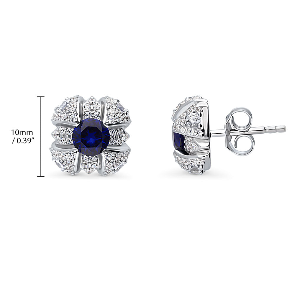 Front view of Square Simulated Blue Sapphire CZ Stud Earrings in Sterling Silver, 4 of 6