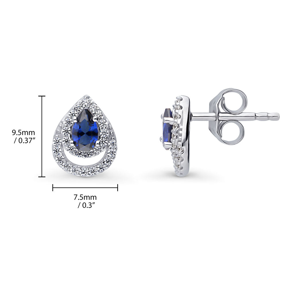 Front view of Teardrop Simulated Blue Sapphire CZ Stud Earrings in Sterling Silver, 3 of 7