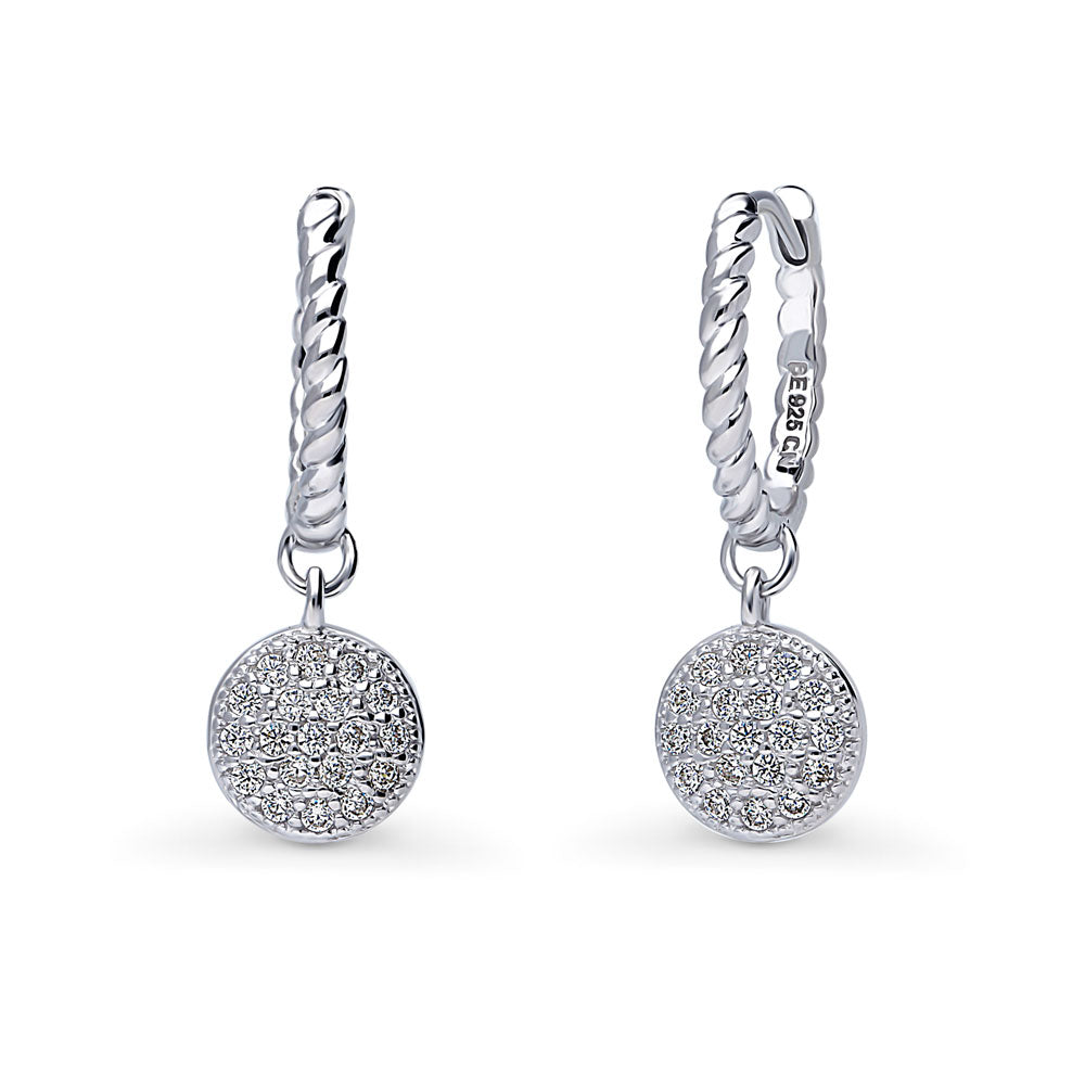 Round Disc CZ Medium Hoop Earrings in Sterling Silver 1 inch