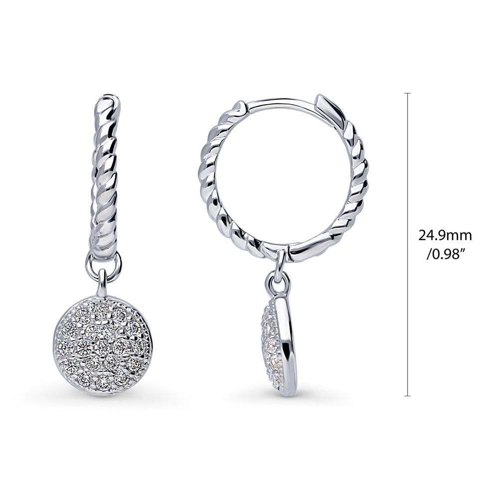 Front view of Round Disc CZ Medium Hoop Earrings in Sterling Silver 1 inch