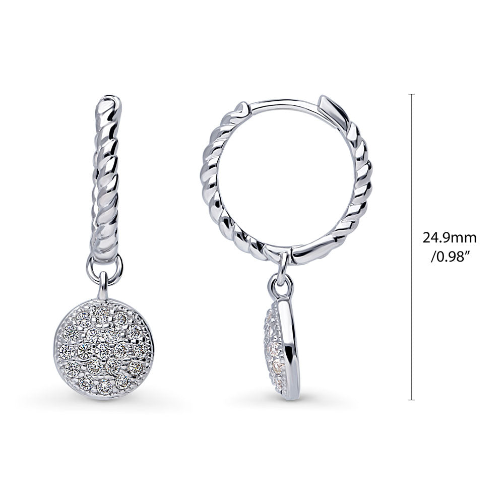 Round Disc CZ Medium Hoop Earrings in Sterling Silver 1"