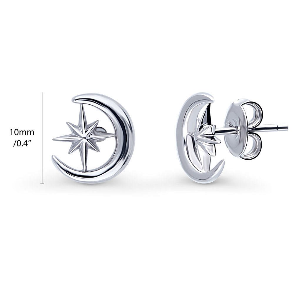 Front view of Crescent Moon North Star Stud Earrings in Sterling Silver