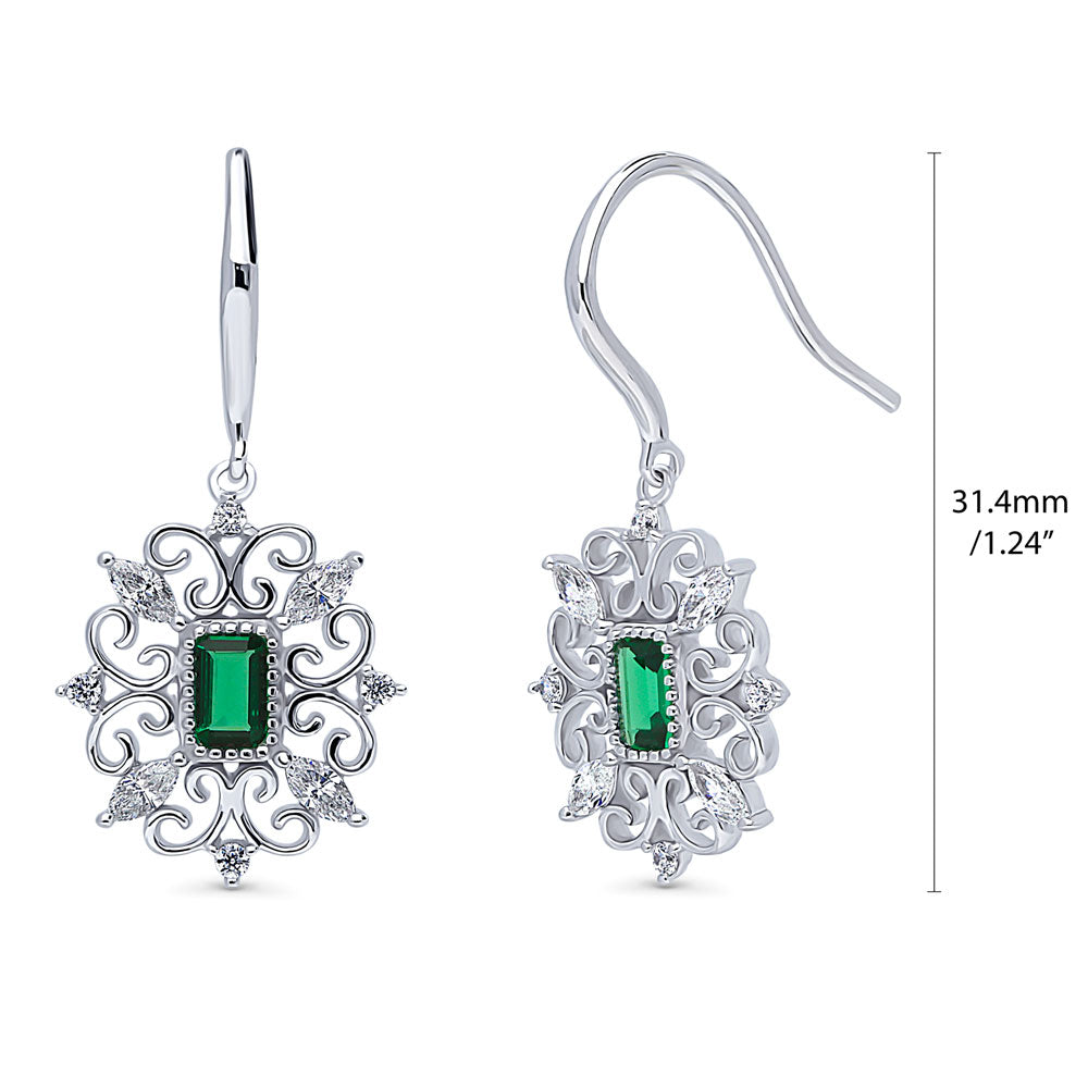 Front view of Art Deco Filigree Green CZ Fish Hook Dangle Earrings in Sterling Silver